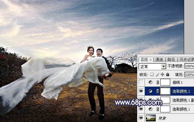 ‘Photoshop将外景婚片打造梦幻大气的秋季暗蓝色‘