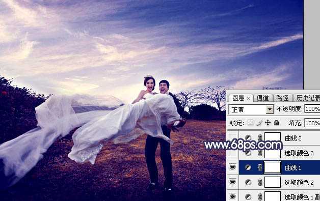 ‘Photoshop将外景婚片打造梦幻大气的秋季暗蓝色‘