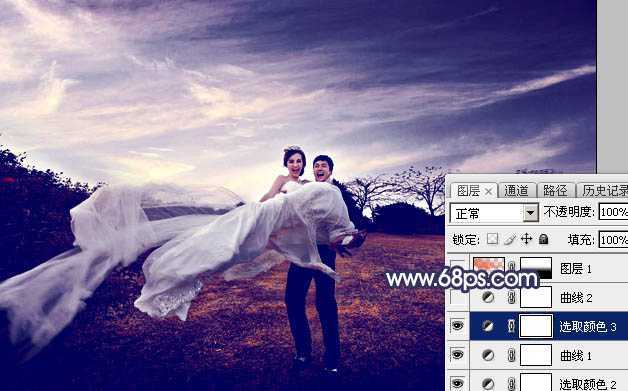 ‘Photoshop将外景婚片打造梦幻大气的秋季暗蓝色‘