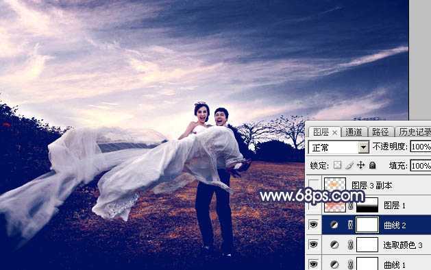 ‘Photoshop将外景婚片打造梦幻大气的秋季暗蓝色‘