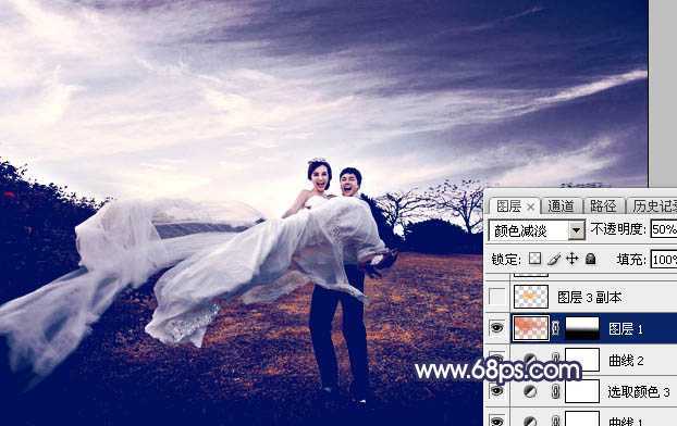‘Photoshop将外景婚片打造梦幻大气的秋季暗蓝色‘