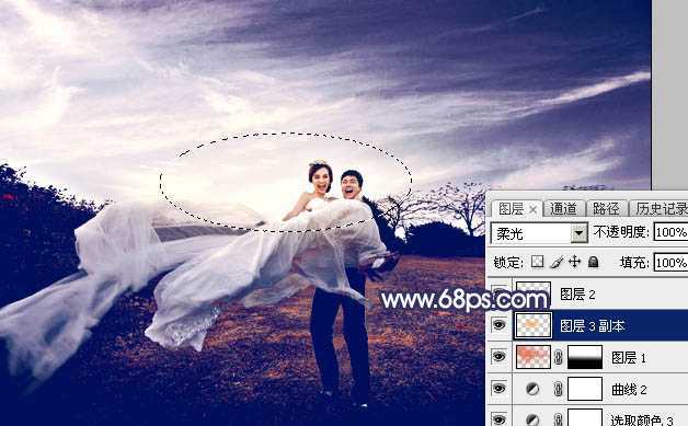 ‘Photoshop将外景婚片打造梦幻大气的秋季暗蓝色‘