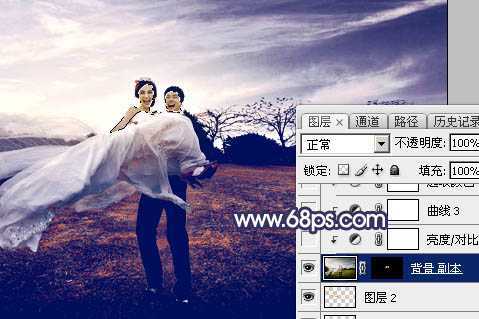 ‘Photoshop将外景婚片打造梦幻大气的秋季暗蓝色‘
