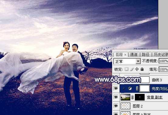 ‘Photoshop将外景婚片打造梦幻大气的秋季暗蓝色‘