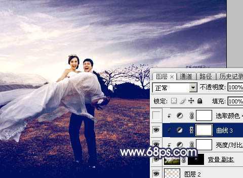 ‘Photoshop将外景婚片打造梦幻大气的秋季暗蓝色‘