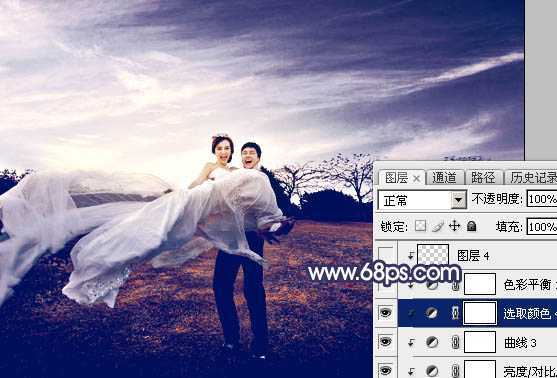 ‘Photoshop将外景婚片打造梦幻大气的秋季暗蓝色‘