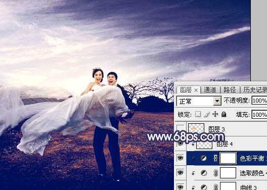 ‘Photoshop将外景婚片打造梦幻大气的秋季暗蓝色‘
