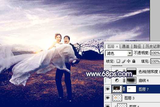 ‘Photoshop将外景婚片打造梦幻大气的秋季暗蓝色‘