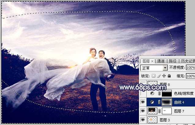 ‘Photoshop将外景婚片打造梦幻大气的秋季暗蓝色‘