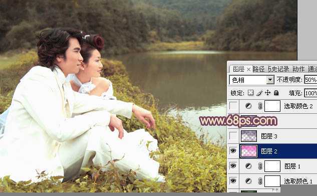 ‘Photoshop调出湖景婚片甜美的紫黄色‘