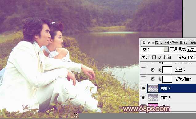‘Photoshop调出湖景婚片甜美的紫黄色‘