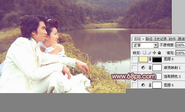 ‘Photoshop调出湖景婚片甜美的紫黄色‘