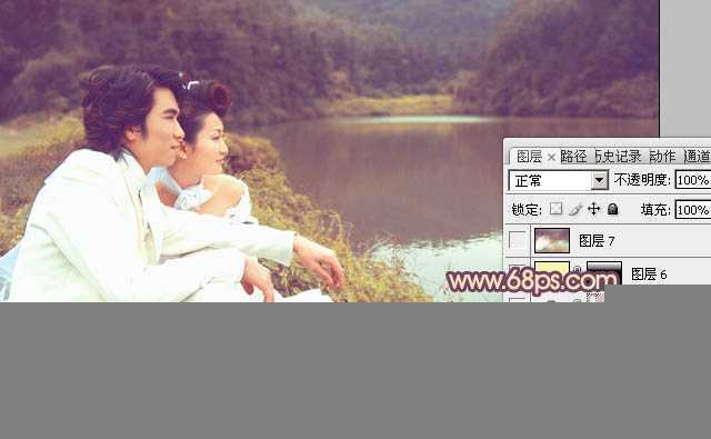 ‘Photoshop调出湖景婚片甜美的紫黄色‘