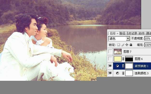 ‘Photoshop调出湖景婚片甜美的紫黄色‘