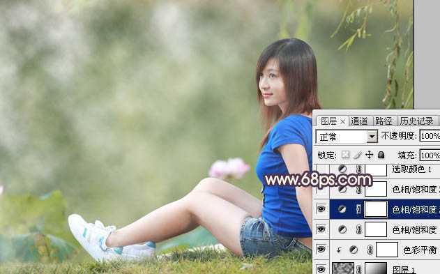 ‘Photoshop为池塘边的美女加上唯美古典黄褐色‘