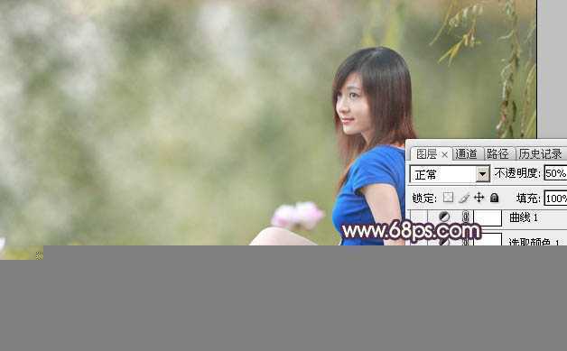 ‘Photoshop为池塘边的美女加上唯美古典黄褐色‘