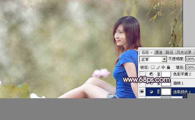 ‘Photoshop为池塘边的美女加上唯美古典黄褐色‘