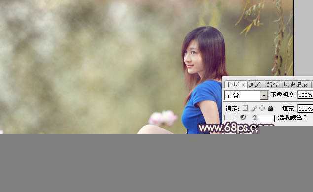 ‘Photoshop为池塘边的美女加上唯美古典黄褐色‘