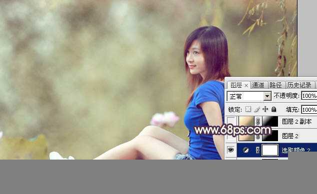 ‘Photoshop为池塘边的美女加上唯美古典黄褐色‘