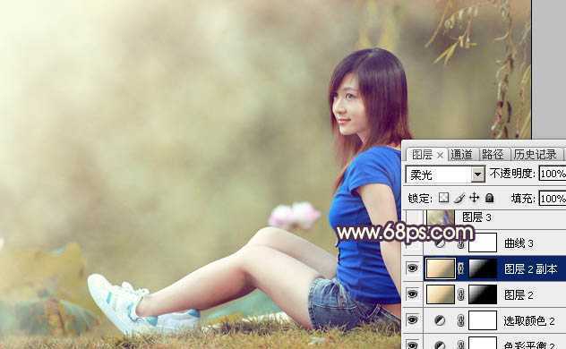 ‘Photoshop为池塘边的美女加上唯美古典黄褐色‘