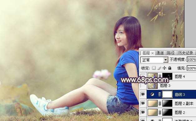 ‘Photoshop为池塘边的美女加上唯美古典黄褐色‘