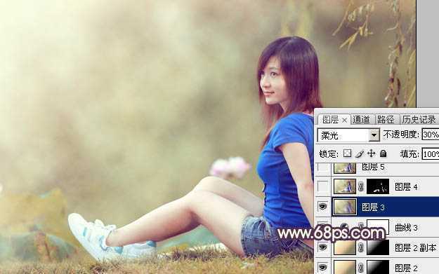 ‘Photoshop为池塘边的美女加上唯美古典黄褐色‘