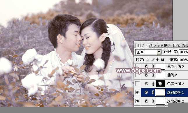 ‘Photoshop为玫瑰园婚照调制出蓝紫中性色‘