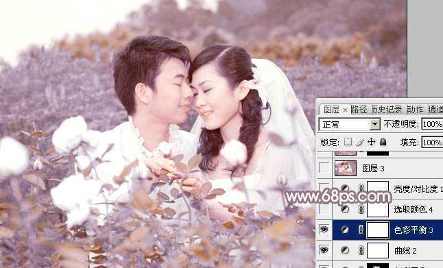 ‘Photoshop为玫瑰园婚照调制出蓝紫中性色‘