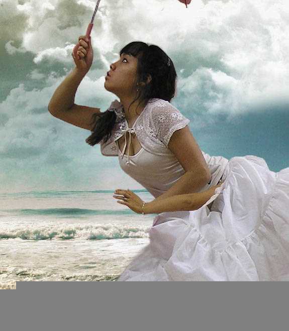 ‘photoshop经典合成海边带伞飞翔的仙女‘