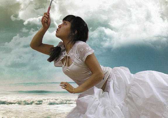 ‘photoshop经典合成海边带伞飞翔的仙女‘