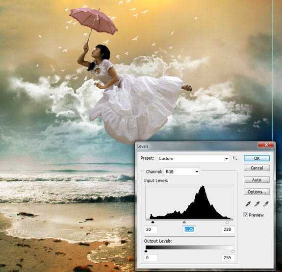 ‘photoshop经典合成海边带伞飞翔的仙女‘
