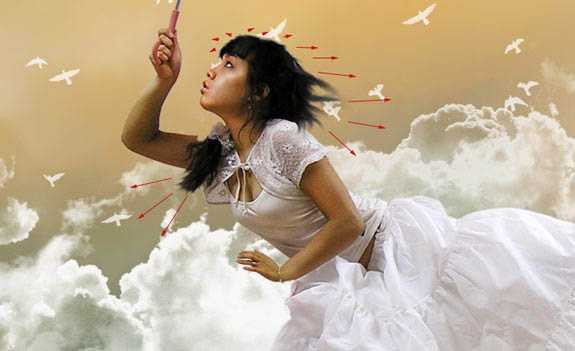 ‘photoshop经典合成海边带伞飞翔的仙女‘