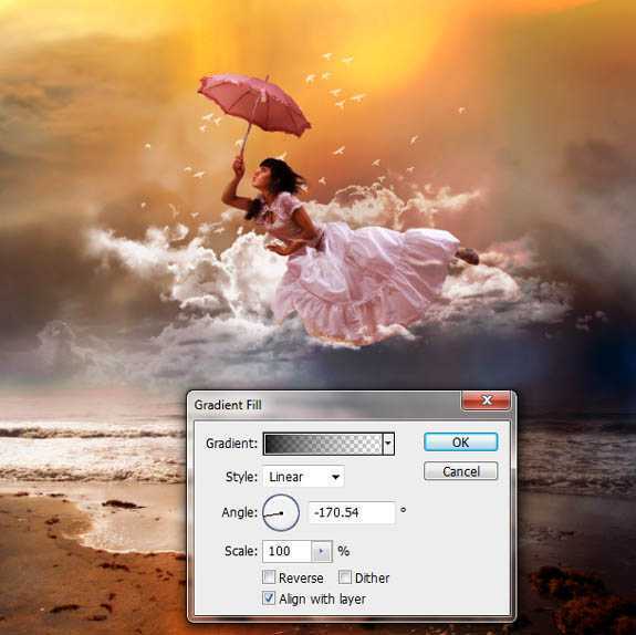 ‘photoshop经典合成海边带伞飞翔的仙女‘