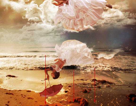 ‘photoshop经典合成海边带伞飞翔的仙女‘
