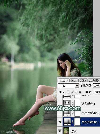 ‘Photoshop为湖边的美女调制出童话中的梦幻青色调‘
