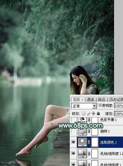 ‘Photoshop为湖边的美女调制出童话中的梦幻青色调‘