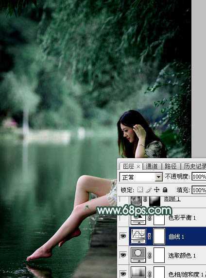 ‘Photoshop为湖边的美女调制出童话中的梦幻青色调‘