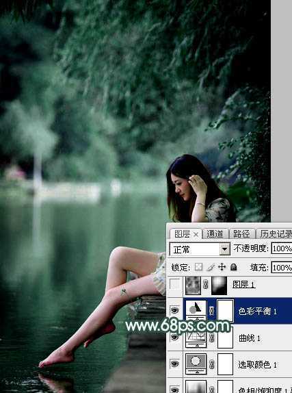 ‘Photoshop为湖边的美女调制出童话中的梦幻青色调‘