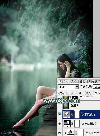 ‘Photoshop为湖边的美女调制出童话中的梦幻青色调‘