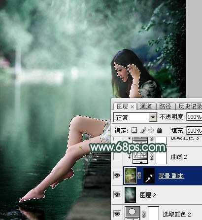 ‘Photoshop为湖边的美女调制出童话中的梦幻青色调‘