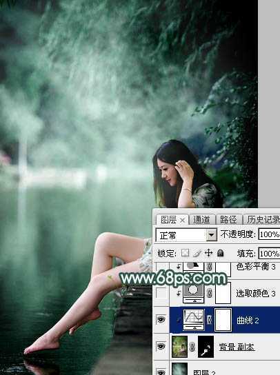 ‘Photoshop为湖边的美女调制出童话中的梦幻青色调‘