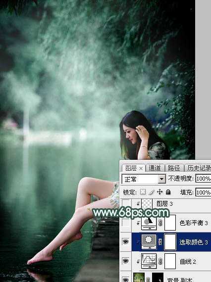 ‘Photoshop为湖边的美女调制出童话中的梦幻青色调‘