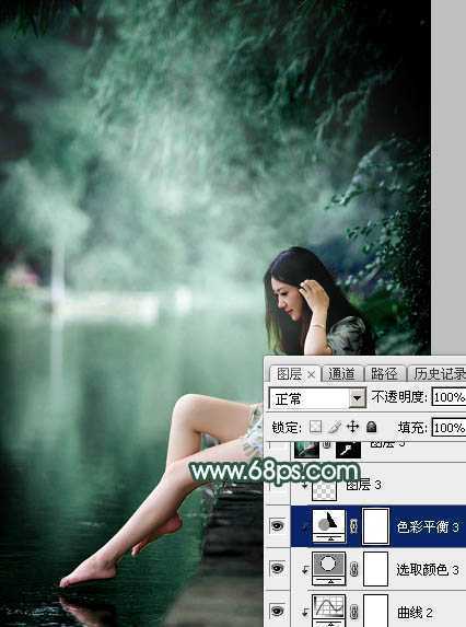 ‘Photoshop为湖边的美女调制出童话中的梦幻青色调‘