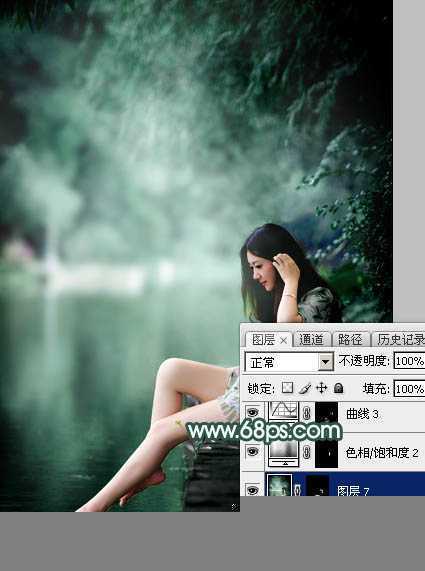 ‘Photoshop为湖边的美女调制出童话中的梦幻青色调‘