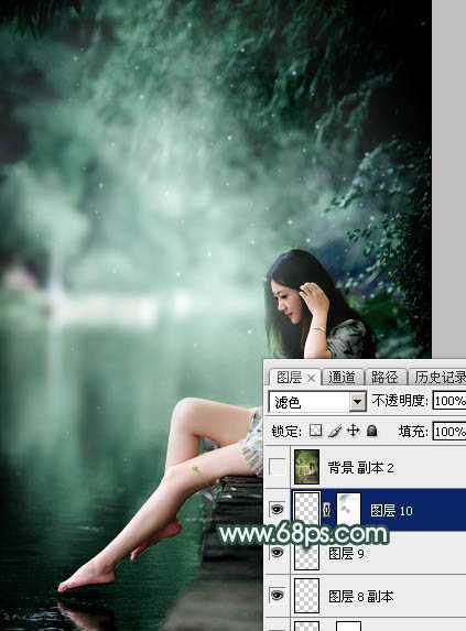 ‘Photoshop为湖边的美女调制出童话中的梦幻青色调‘