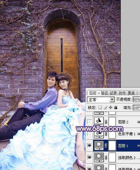 ‘Photoshop将古城婚片调出甜美的粉蓝色效果‘