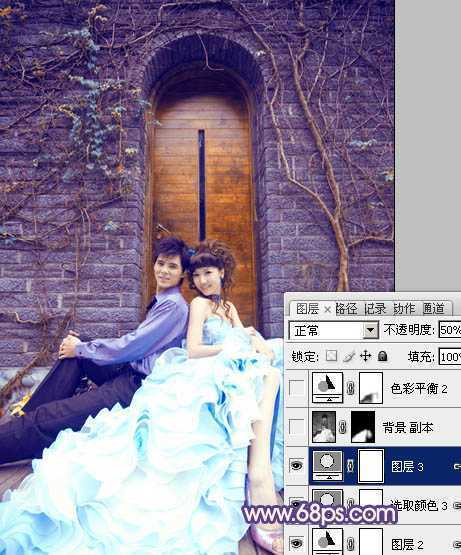 ‘Photoshop将古城婚片调出甜美的粉蓝色效果‘