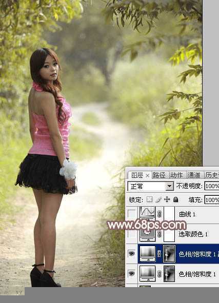 ‘Photoshop为树林小路上的美女调制出唯美的秋季淡暖色‘