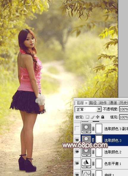 ‘Photoshop为树林小路上的美女调制出唯美的秋季淡暖色‘
