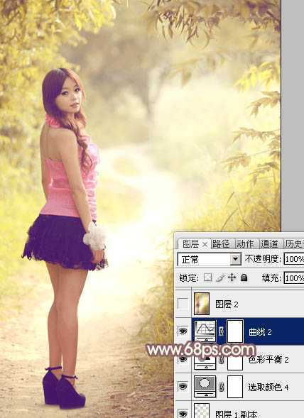 ‘Photoshop为树林小路上的美女调制出唯美的秋季淡暖色‘